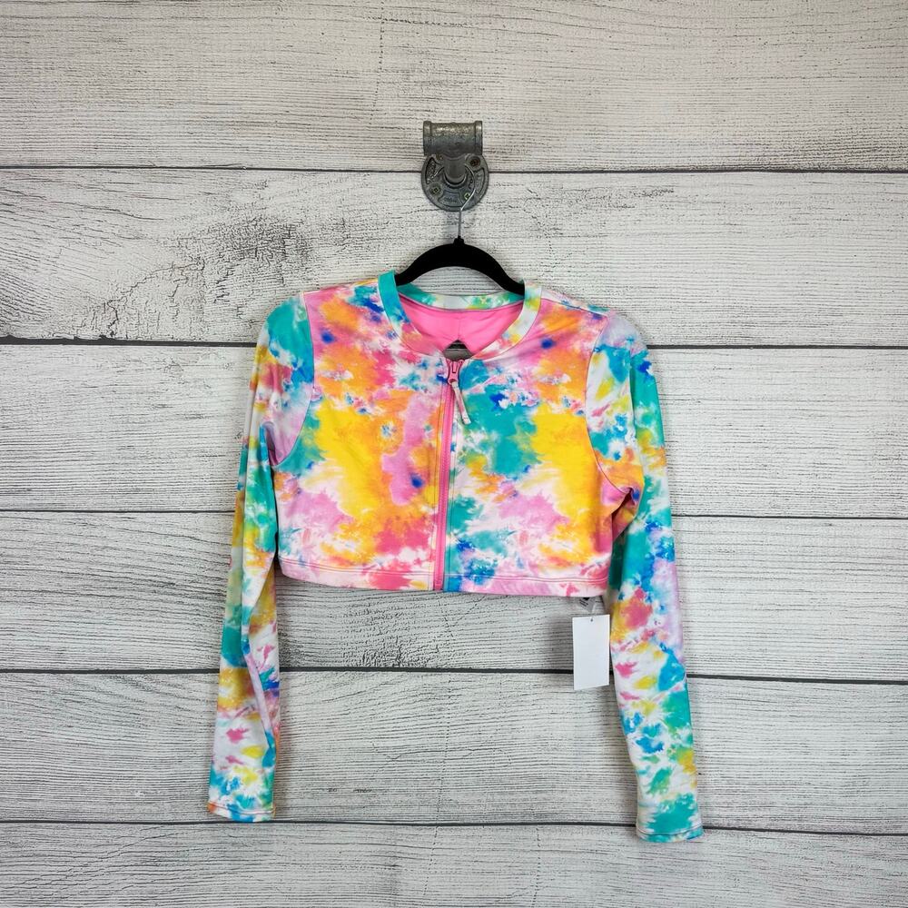 Swimsuits For All Multicolor Tie-Dye Zip Front Long Sleeve Bikini Top